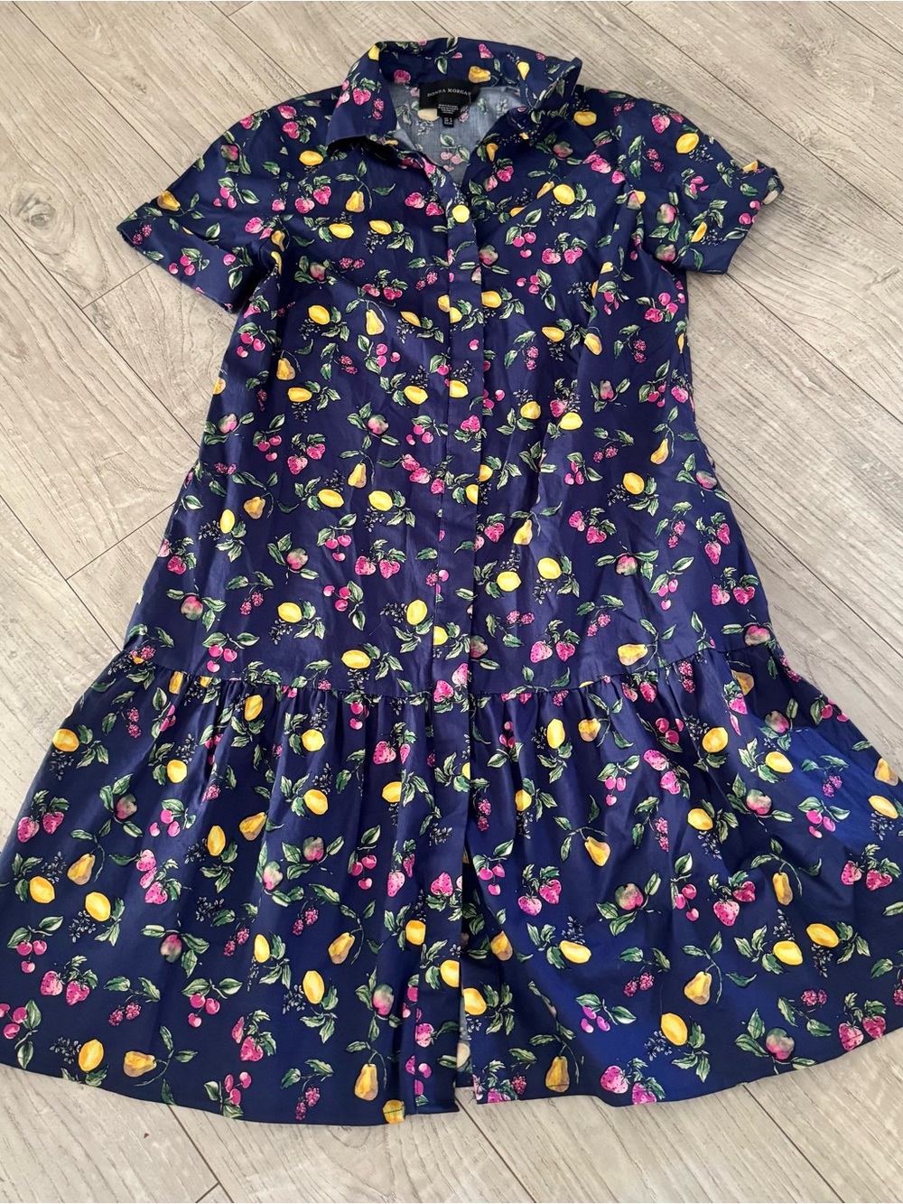 Donna Morgan Navy Midi Dress with Yellow Lemon & Pink Berry Print